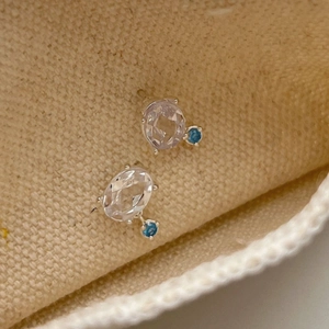 925 Sterling Silver Stud Earrings For Women Elegant Oval Blue Transparent Rhinestone Faceted Small Dainty Jewelry