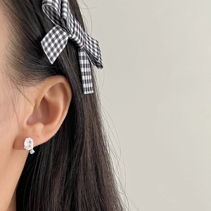 925 silver stud earrings with blue topaz crystal and checkered bow hair clip