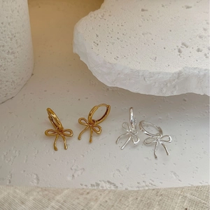 Minimalist 925 sterling silver bow hoop earrings in gold and silver finish options