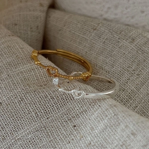 925 sterling silver heart ring set with gold beaded band and silver minimalist band