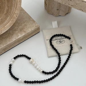 Black Agate And Gradient Artificial Pearl Necklace 925 Sterling Silver Accessories Handmade Beaded French Vintage Jewelry For Women