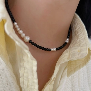 925 silver black onyx and pearl gradient necklace elegant minimalist beaded jewelry for women