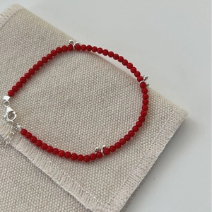 S925 sterling silver beaded bracelet with red round beads and lobster clasp closure