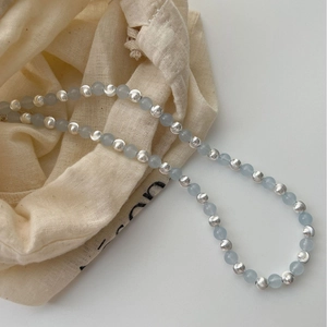 Minimalist 925 sterling silver necklace with light blue aquamarine and silver beads