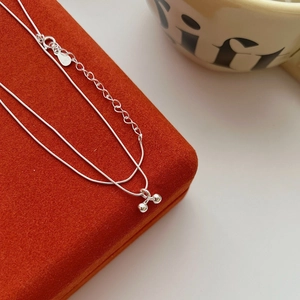 S925 sterling silver handmade double-layer necklace with cherry bead pendants and clasp