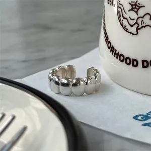 Minimalist S925 sterling silver oval beaded open ring for women with high polished finish