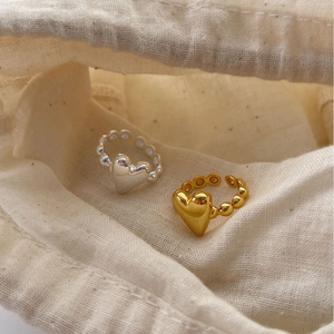 Adjustable 925 sterling silver heart rings with beaded bands in gold and silver finish