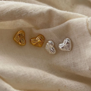 Elegant gold and silver S925 sterling silver heart earrings with bow relief texture