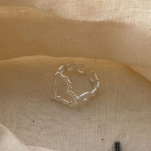Bague cœur ajustable en argent sterling 925 avec motifs creux et bordure perlée