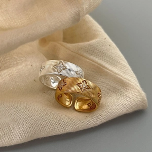 925 Sterling Silver Italian Handmade Brushed Ring Palace Style Gold Silver Rhinestone Star Flower Adjustable Jewelry For Women