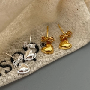Boucles d'Oreilles Clous Cœur Nœud en Argent Sterling 925 pour Femme Style Coréen Doux Or Argent Bijoux de Mode Cadeau