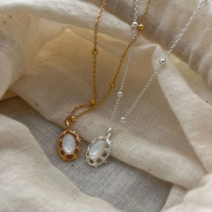 Collier En Argent Sterling 925 Avec Pendentif Ovale En Nacre Bordure Dentelle Creuse Chaîne Satellite Rétro Français Pour Femme