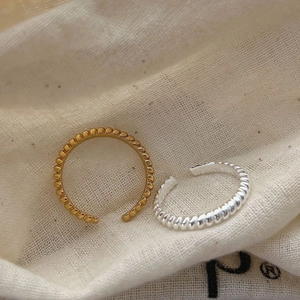 Adjustable S925 sterling silver beaded rings in gold and silver finish with braided texture