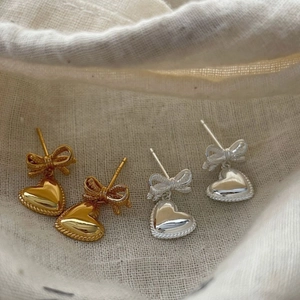 Boucles d'oreilles nœud et cœur en argent S925, finitions dorées et argentées