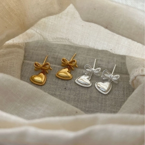 Boucles d'oreilles nœud et cœur en argent sterling S925 finitions or et argent