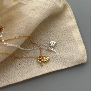 925 Sterling Silver minimalist heart and key pendant necklace in gold and silver finish