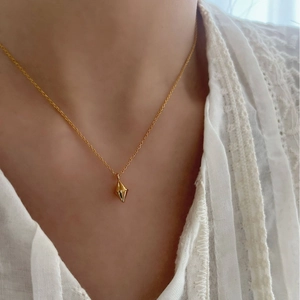 Gold geometric rhombus pendant necklace with minimalist link chain for women on neck