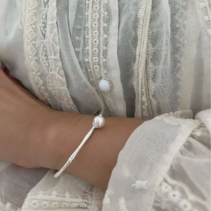 925 Sterling Silber Künstliche Perle Bambus Gelenk Offener Armreif Armband Für Damen Minimalistisches Elegantes Natürliches Design