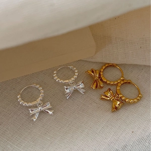Minimalist 925 sterling silver bow earrings in gold and silver with beaded hoop design