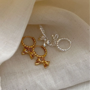 Exquisite 925 sterling silver bow drop hoop earrings in polished gold and silver finishes