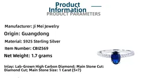 Detail view of S925 sterling silver ring featuring a 1ct oval blue zircon with high carbon diamonds