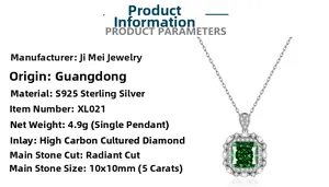 Detail of S925 silver pendant with 5ct square radiant cut emerald green gemstone