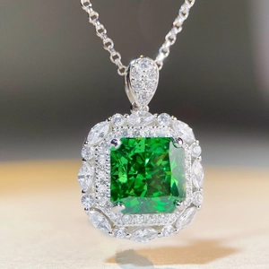 S925 sterling silver necklace featuring emerald cut green stone pendant with diamond halo