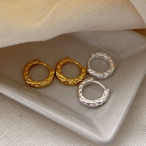 Minimalist 925 Sterling Silver Hammered Hoop Earrings For Women Korean Style Geometric Round Gold Silver Plated Jewelry Gift