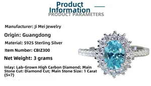 Detailed view of S925 sterling silver ring with 1ct oval blue stone and side diamonds