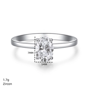 Detail of 1.7g silver ring featuring a 7x5mm oval zircon with four-prong setting