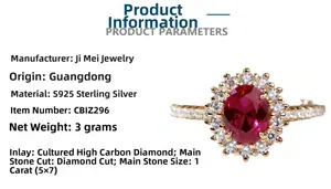 Macro detail of S925 silver ring with 1 carat oval ruby and carbon diamonds