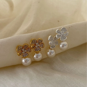 Zircon Flower Stud Earrings With 925 Sterling Silver Earring Post And Hanging Artificial Pearl Drop Elegant Jewelry For Women