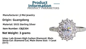 Detail view showing S925 sterling silver ring specifications with 1ct oval carbon diamond