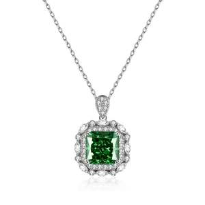 Luxurious S925 silver necklace with square emerald pendant and floral diamond halo