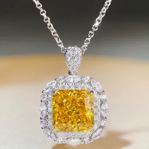 Collier Pendentif en Argent Sterling 925 de Luxe Strass Carré Coupe Radiant Double Halo Carré Bijoux Élégants pour Femmes