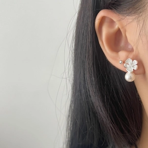 925 sterling silver flower earrings with white pearls and sparkling zircon accents