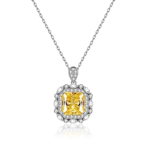 Pendentif diamant jaune coupe radiant en argent 925 avec halo de pierres scintillantes