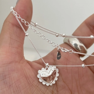 Collier Pendentif Coeur en Argent Sterling 925 pour Femme Texture Rétro Plaqué Or Argent Zirconia Bijoux de Chaîne Superposés