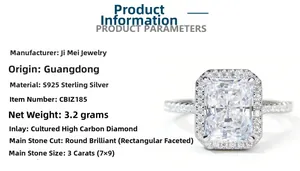 Macro detail of S925 sterling silver ring with 3ct radiant cut rectangular diamond stone