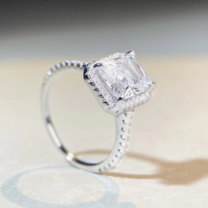 Radiant cut square diamond halo engagement ring in S925 sterling silver pave band