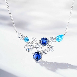 Macro shot of silver S925 necklace with blue and white cluster gemstone pendant