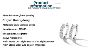 Detail of S925 sterling silver hoop earrings with 1ct Moissanite in eight hearts and arrows cut