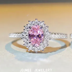 925 Sterling Silver Oval Pink Rhinestone Ring For Women Minimalist Snowflake Halo Engagement Ring Jewelry