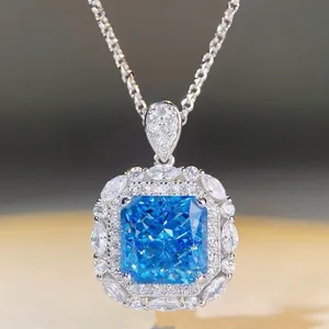 Luxurious 925 Sterling Silver Square Rhinestone Pendant Necklace For Women Elegant Clavicle Chain Party Jewelry Gift
