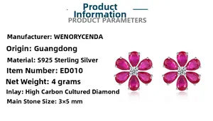 Macro detail of S925 sterling silver flower earrings with red stones and carbon diamonds