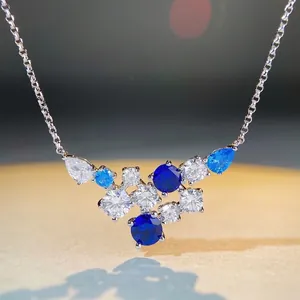 925 Sterling Silver Rhinestone Triangle Pendant Necklace For Women Elegant Geometric Blue Stone Light Luxury Jewelry