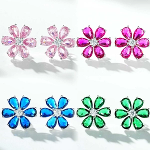 Set of four colorful daisy earrings in pink, blue, green and rose zircon flower studs