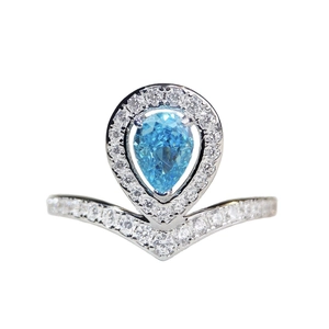 Pear cut blue gemstone crown ring in S925 sterling silver with V-shape diamond band