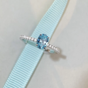S925 sterling silver aquamarine ring with oval blue gemstone and zircon accents