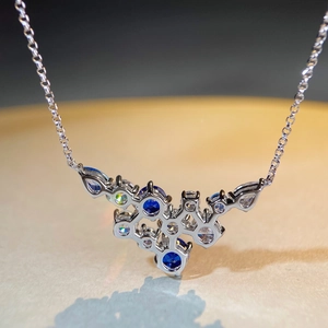 Modern S925 silver necklace with blue teardrop and round cut gemstone cluster pendant